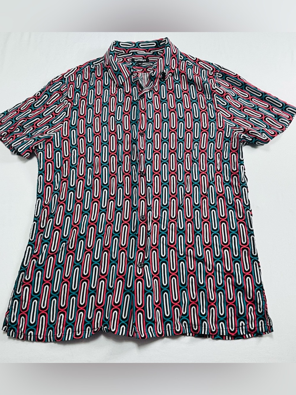 Express Men's Short Sleeve Geometric Print Shirt - Black/Red/Teal M417